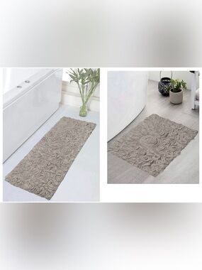 NWT Home Weavers Bell Flower Boho Bath Rug Set 21” x 54” & 17” x 24” Linen Color